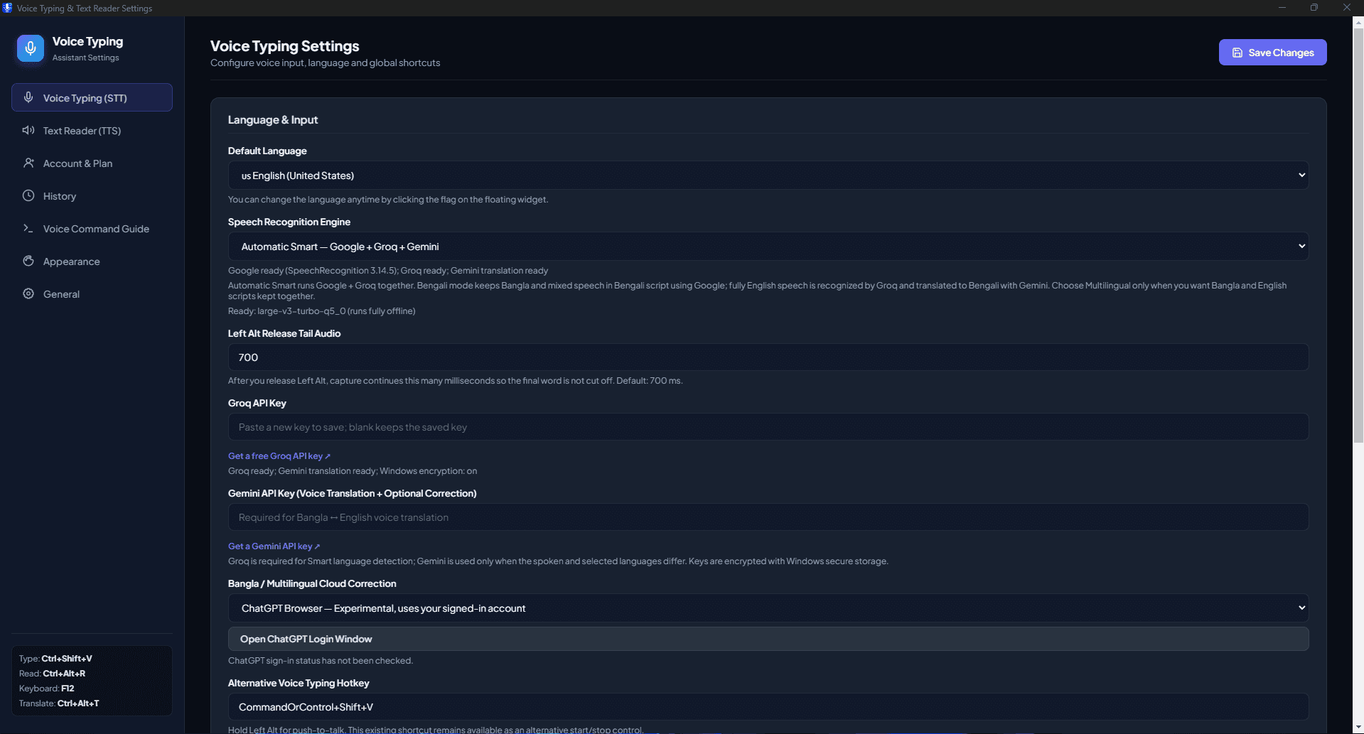 Tarango Voice Typing Settings